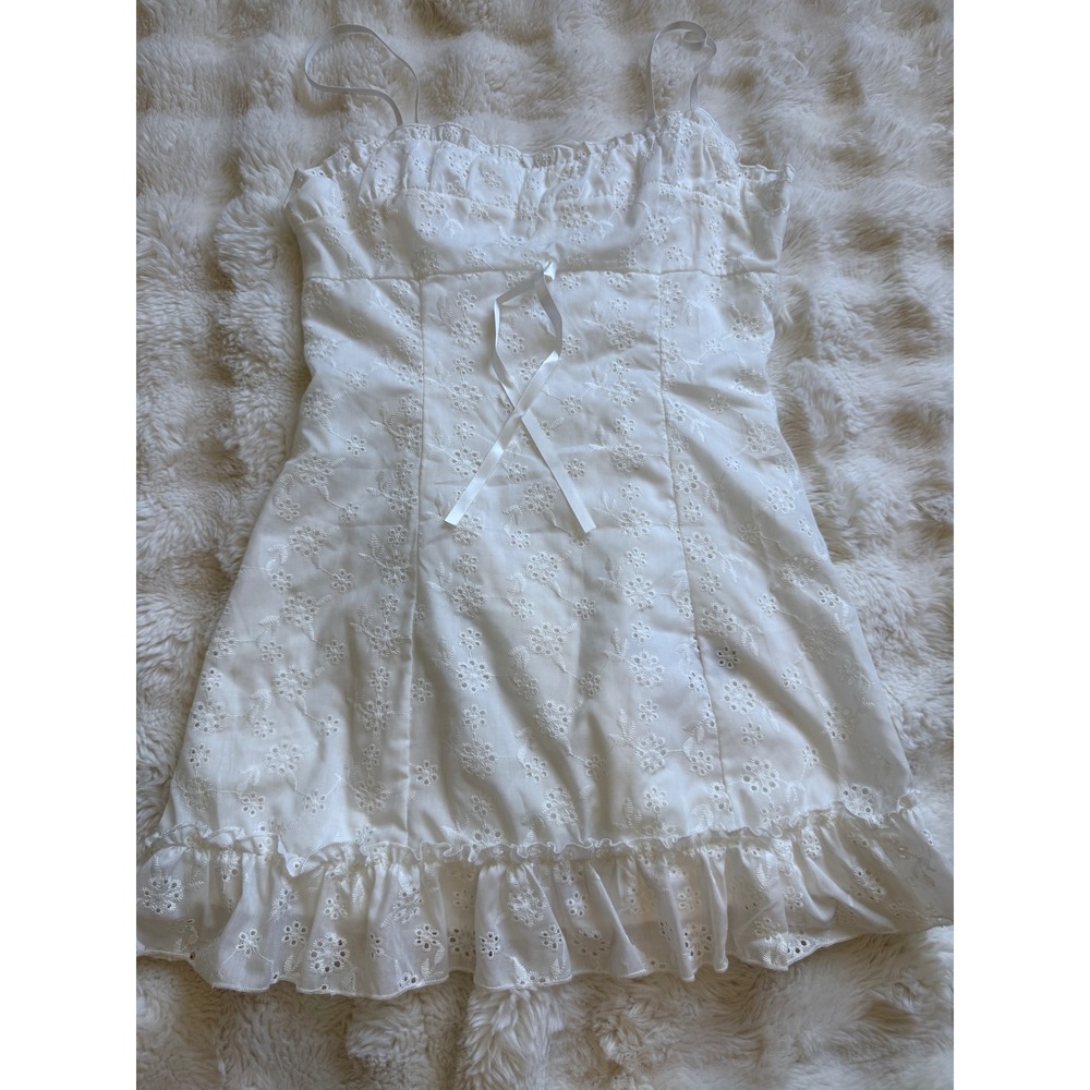 White Eyelet Lace Mini Dress Cottagecore Ruffle Hem Sun Dress Large